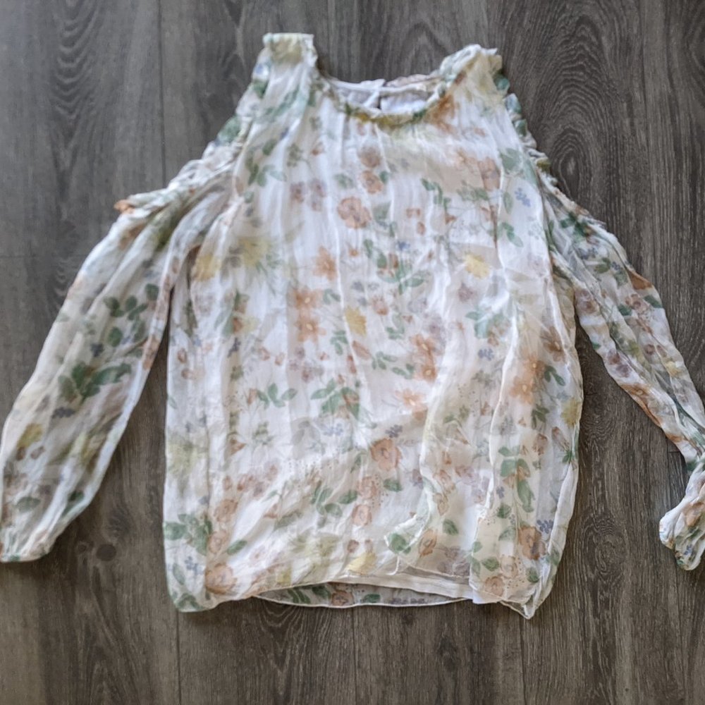 Giusy Made-in-Italy 100% Silk Floral Blouse Size L Exposed Sholders